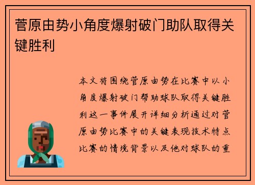 菅原由势小角度爆射破门助队取得关键胜利 菅原由势小角度爆射破门助队取得关键胜利